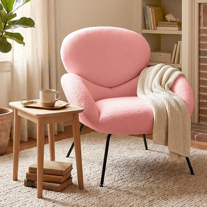 Small Accent Chair Set of 2,Sherpa Chair with Love Back, Boucle Chairs with Metal Legs, Comfy Modern Reading Chairs/Sherpa Accent Chair with Thick High-Elastic Sponge/Cream Style Room (Pink)