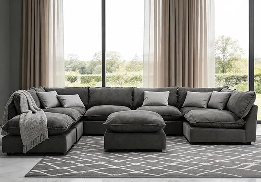 Iroomy Cloud Couch Sectional, Oversized Chenille Modular Sofa, Deep Comfy Seat, 8-Seater Sofas Couches for Living Room, Dark Grey