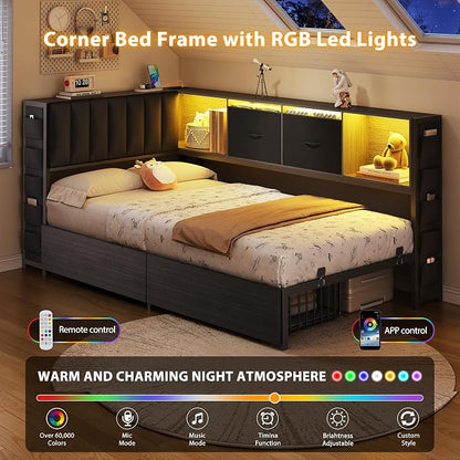 MapleGrace Twin Corner Bed Frame with Upholstered Storage Headboard and Drawers, Metal Platform Bed Frame with LED Light and Charging Station, Twin Daybed for Living Room, Bedroom & Guest Room, Black