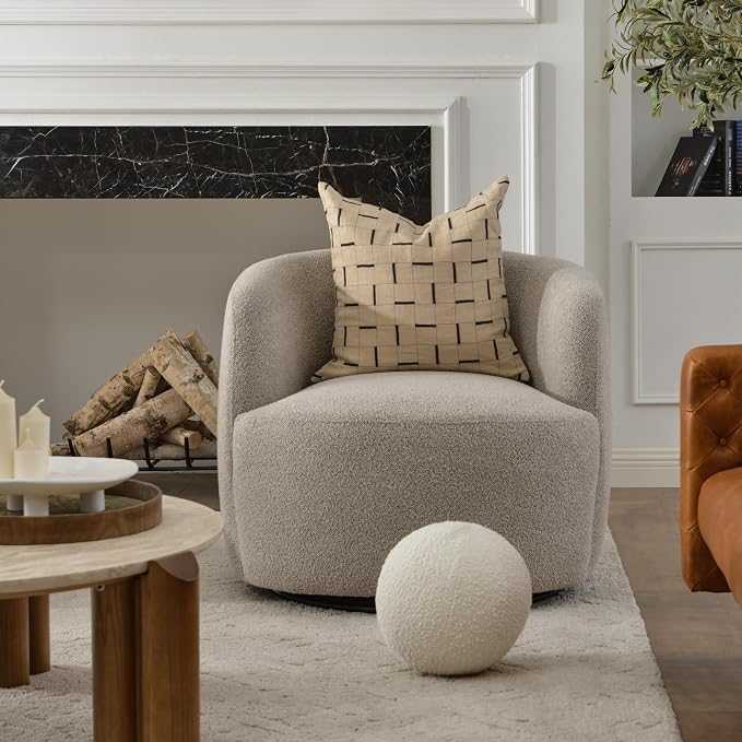 KINWELL 34" Wide Boucle Swivel Barrel Chair, No Assembly Round Upholstered Armchair Accent Chair Single Sofa Chair with Toss Pillow for Living Room and Bedroom, Taupe