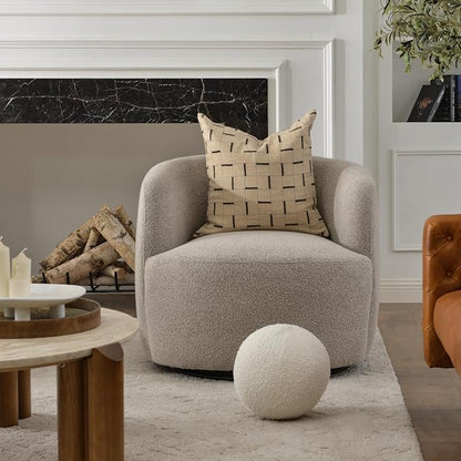 KINWELL 34" Wide Boucle Swivel Barrel Chair, No Assembly Round Upholstered Armchair Accent Chair Single Sofa Chair with Toss Pillow for Living Room and Bedroom, Taupe