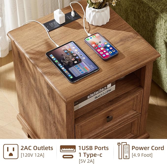 SAVOR LIFE Farmhouse Night Stand with Charging Station, Antique Bedside Table with Open Shelf & Thick Tabletop & Square Wooden Legs, Brown