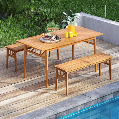 Tangkula 3 Pieces Patio Dining Set, Acacia Wood Space Saving Outdoor Rectangular Picnic Table with 1.97” Umbrella Hole and 2 Benches, for Yard, Garden and Poolside