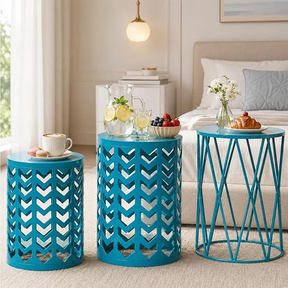 Nesting Side Table Set of 3 Decorative Round Garden Stools for Indoor Outdoor Heavy Duty Metal Frame Side Table Nightstands Modern End Table Plant Stand, Blue