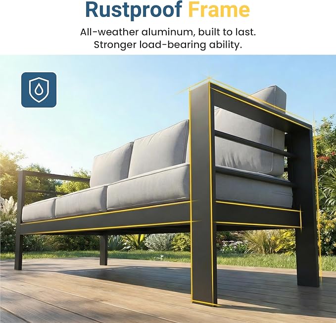 Wisteria Lane Aluminum Outdoor Sofa, 2 Pieces Patio Couch All-Weather Rust-Proof Modern Metal Patio Furniture with 5" Thick Olefin Cushions, Light Grey