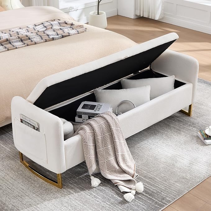 65" Storage Ottoman Bench, Storage Bench for Bedroom, End of Bed Storage Bench with Tufted Upholstered and Gold Legs, Bedroom Benches with Arms Window and Entryway, Chenille Cream