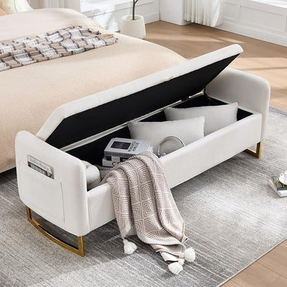65" Storage Ottoman Bench, Storage Bench for Bedroom, End of Bed Storage Bench with Tufted Upholstered and Gold Legs, Bedroom Benches with Arms Window and Entryway, Chenille Cream