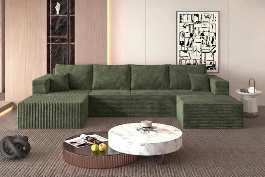 138" Modern Modular Sectional Sofa, U-Shaped Cloud Couch, Soft Corduroy Boneless Couch with 3060 High Rebound Memory Foam, Sectional Couches for Living Room-Green(Left Facing Chaise)