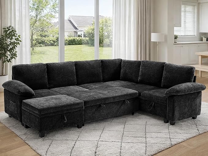 108" Modular Sectional Sofa Bed with Storage, L Shaped Pull Out Couch, Removable Chenille Sofa Cover for Living Room (Black, 7 Seat)