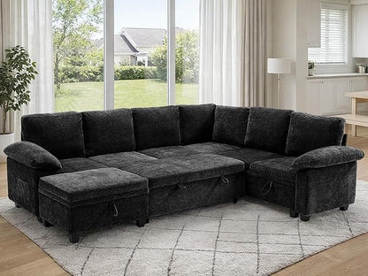 108" Modular Sectional Sofa Bed with Storage, L Shaped Pull Out Couch, Removable Chenille Sofa Cover for Living Room (Black, 7 Seat)