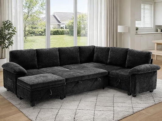 108" Modular Sectional Sofa Bed with Storage, L Shaped Pull Out Couch, Removable Chenille Sofa Cover for Living Room (Black, 7 Seat)