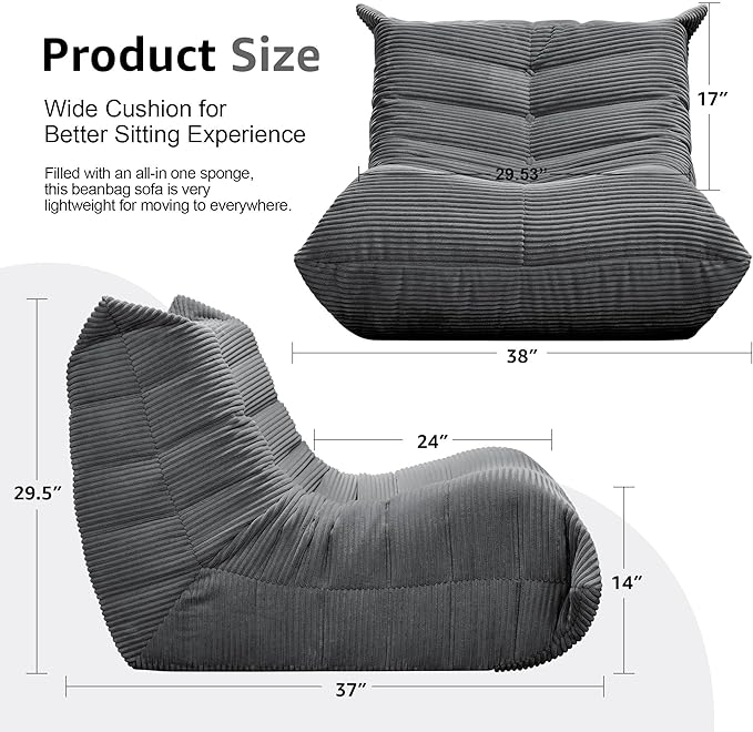 Hobestluk Adults Bean Bag Chair Faux Fur BeanBag Couch for Living Room | Grey Corduroy,Ergonomic Design,Memory Foam,UltraSoft,Anti-slip Bottom,No Assembly Required,Decorative Style for Living Room