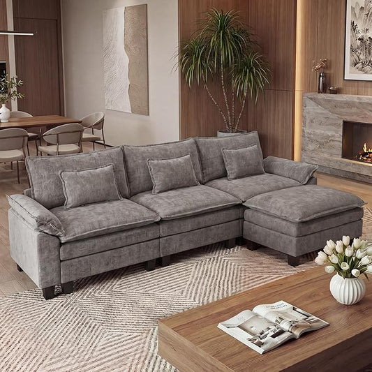 URRED Oversized Modular Sectional Sofa, 122" L Shaped Modern Comfy Cloud Couch with Movable Ottoman & Pillows, Deep Seat Couches for Living Room, Bedroom or Apartment (Chenille Gray, 122" L Shaped)