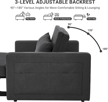 55.5" Fabric Convertible Sofa Bed, Pull Out Sleeper Sofa Bed, Loveseat Couch with Side Pocket, 3 in 1 Convertible Sleeper Sofa Bed for Living Room, Apartment, Bedroom, RV, Black
