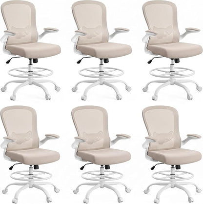 ErGear Drafting Chair,Tall Office Chair with Flip-Up Armrests, High Desk Chair Adjustable Height and Adjustable Footrest Ring, Ergonomic Standing Desk Chair with Lumbar Support, Khaki,6 Pack