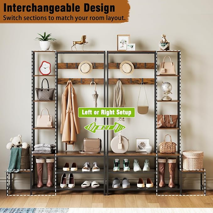 Espelism Hall Tree with Shoe Storage Bench Coat Rack with 7 Hooks Interchangeable 4 Tier Side Storage Shelves Small Cute Side Bench Industrial 5-in-1 Entryway Coat Rack for Hallway Mudroom Bedroom