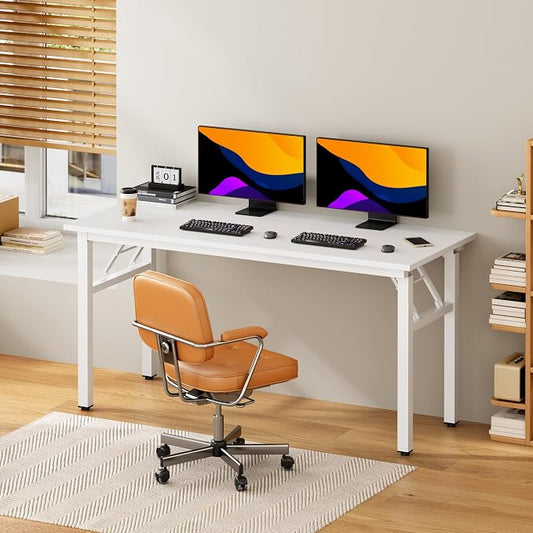 DlandHome Computer Desk, 59.8Inch Office Desk Computer Table, Study Writing Study Desk for Home Office, White Desktop and White Frame