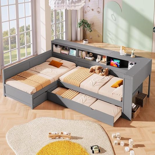 Bellemave L Shaped Corner Bed for 2 Kids, Double Twin Platform BedFrame with Trundle and 5 Storage Shelves, Charging Station, Gray