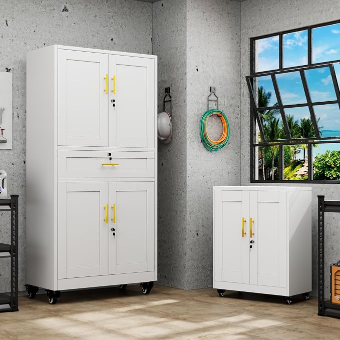 GAIOUS Metal Garage Storage Cabinet with Wheels and Drawer, Steel File Cabinet for Home Office, 71'' Tall Tool Cabinet with 4 Locking Doors and 3 Adjustable Shelves, Rolling Cabinet for Garage - White