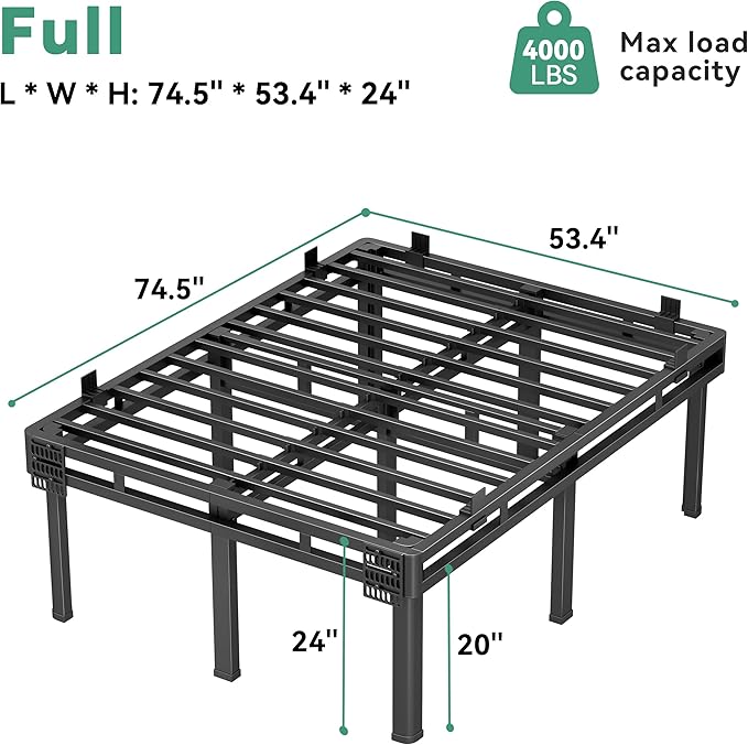 Superay Full Bed Frame, 24 inch Metal Bed Frame & Box Spring 2 in 1 Platform with Rounded Legs, Double Layer Bed Frame with Matress Gasket & headboard Adapter, Support Up to 4000lbs