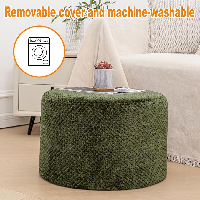 Poofieotto 20"x14" Round Foam Stuffed Pouf Ottoman - Modern Floor Foot Rest & Seating for Living Room, Bedroom, or Couch - Stylish Home Decor Accent (Deep Green)