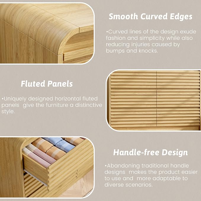 Dresser and Nightstand Sets for Bedroom, 3 Pcs Bedroom Set, Fluted 6 Drawer Dresser with Curved Profile and Night Stand Set of 2 with Charging Station, Wood Chest of Drawers, Natural Oak