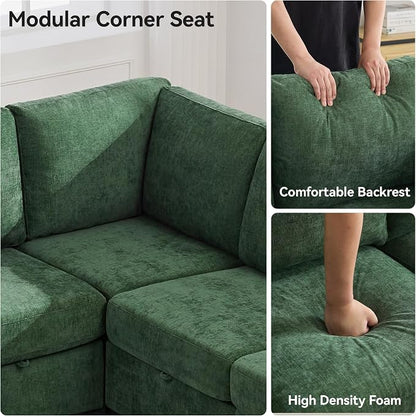 104'' V Shaped Modular Sofa, Sectional Couch with Storage for Living Room, Modern 7 Seater Cloud Sectional Couch with Movable Ottoman, Chenille Dark Green