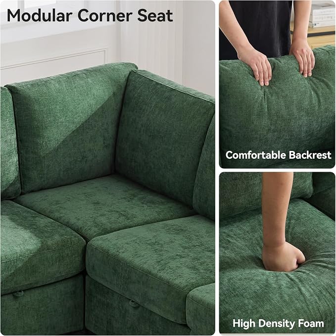 127'' Oversized U Shaped Modular Sofa, Sectional Couches with Storage for Living Room, Modern 9 Seater Cloud Sectional Couch with Movable Ottoman, Chenille Dark Green