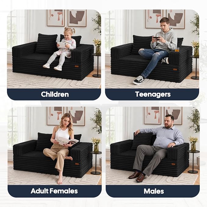 COMAX Futon Sofa Bed, Convertible Sofa Bed, Folding Boneless Couches | Boneless Couch for living room, Fold Out Small Foldable Loveseat Floor Sleeper Mattress Lounge Space‑Saving, Jet Black
