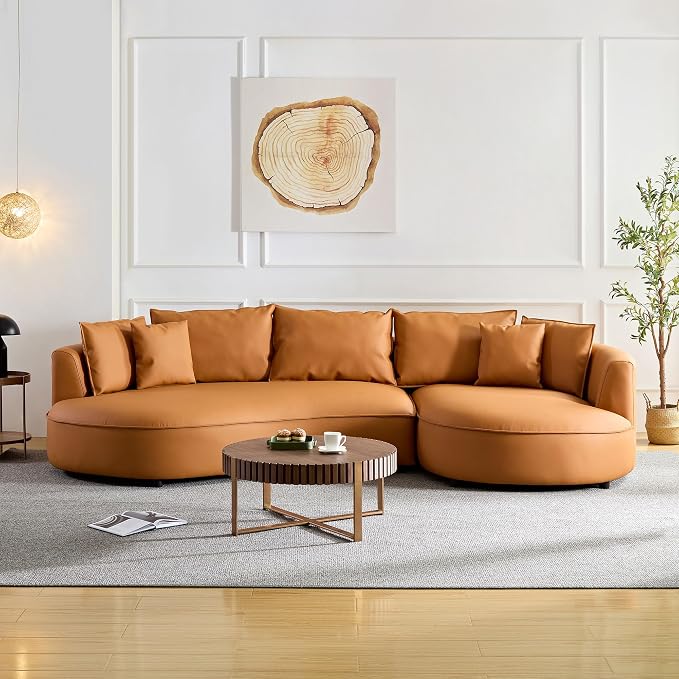 KEIKI 129" Curved Oversized Modular Bonded Leather Sectional Sofa with Right Chaise, 4 Pillows, 3 Back Cushion, Modern Comfy 5-Seater Couch, Easy Assembly, for Apartment, Living Room, Orange