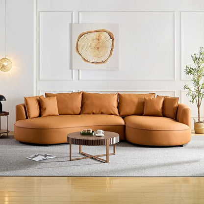 KEIKI 129" Curved Oversized Modular Bonded Leather Sectional Sofa with Right Chaise, 4 Pillows, 3 Back Cushion, Modern Comfy 5-Seater Couch, Easy Assembly, for Apartment, Living Room, Orange
