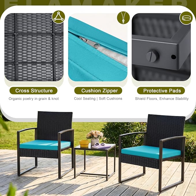 Flamaker Patio Set Outdoor Wicker Furniture, Modern Bistro Set with Rattan Chair and Coffee Table for Yard (Blue)