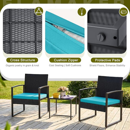 Flamaker Patio Set Outdoor Wicker Furniture, Modern Bistro Set with Rattan Chair and Coffee Table for Yard (Blue)