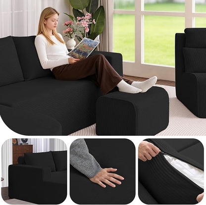 104.92" L-Shaped Corduroy 3 Piece Sofa Set with Single Lounge Chair & Ottoman, Modular Compressed All Foam Couch, Freely Movable Footrest, Minimalist Large Living Room Furniture