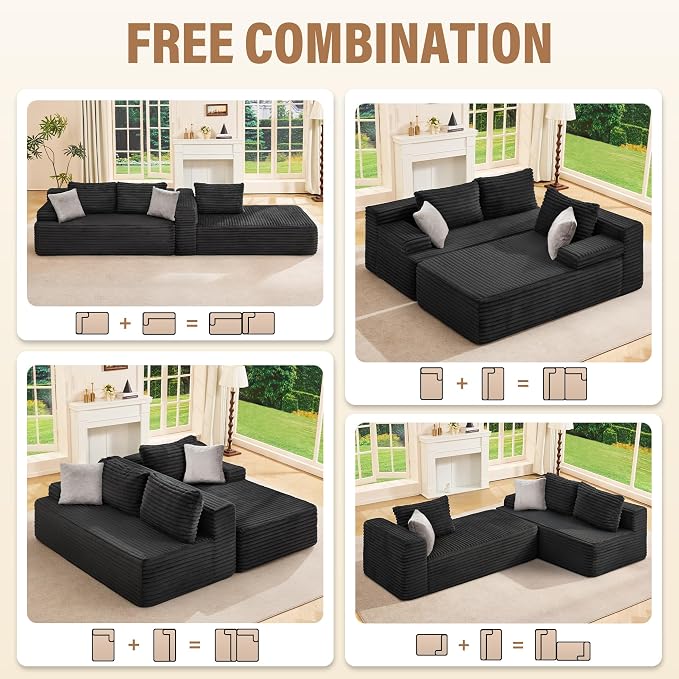 Hobestluk Boneless Couch Modular Sectional Sofa L-Shape Cloud Couch Lounge | 96" Right Facing Chaise Black,Memory Foam,Removable Cover,Non-slip Bottom,No Assemble Required,Furniture for Small Home