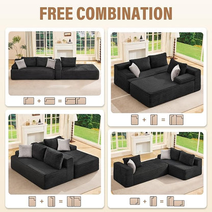 Hobestluk Boneless Couch Modular Sectional Sofa L-Shape Cloud Couch Lounge | 96" Right Facing Chaise Black,Memory Foam,Removable Cover,Non-slip Bottom,No Assemble Required,Furniture for Small Home