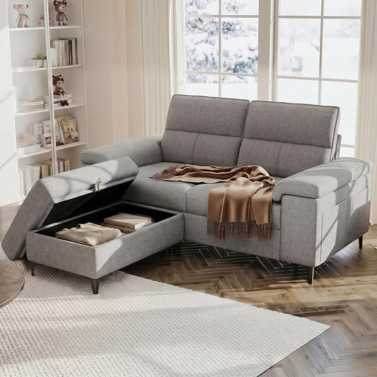 71.25" L Shaped Sectional Couches for Living Room, Deep Seat Sofa with Storage Ottoman & 8”Cushion, Comfy 2-Seater Chenille Loveseat, Convertible Armrest, Removable Cover for Small Space(Light Gray)