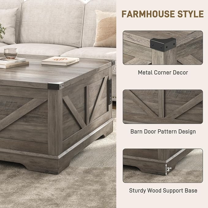 Hlivelood 40” Large Farmhouse Lift Top Coffee Table with Power Outlets and Large Hidden Storage, Square Wood Living Room Tables, Multi-Function Lift Wooden Barn Door Center Table, Grey