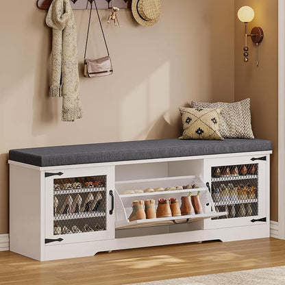 UPOSOJA Farmhouse Storage Bench with Flip Drawers & Padded Seat Cushion, Half Hidden Shoe Rack Organizer, Adjustable Shelf Shoe Cabinet for Entryway, Bedroom, Living Room (White, 57IN)