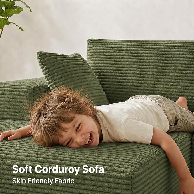 Claiks 104" Boneless Couch, Cloud Couch Sectional, U-Shape Corduroy Modular Sectional Sofa Deep Seat, Upholstered Couches for Living Room, No Assembly Required, Green