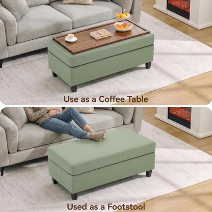 45" Faux Leather Storage Ottoman Bench with Wooden Tray, Sage Green Large Upholstered Foot Stool, Multifunctional Coffee Table Storage Bench with Solid Wood Legs for Living Room Bedroom Entryway