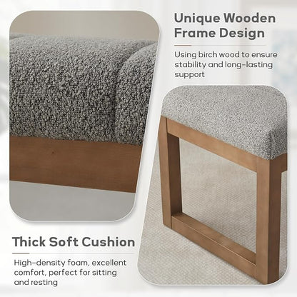 Zihanhome 52.7" Bedroom Bench for End of Bed, Modern Upholstered Teddy Fabric Entryway Bench & Dining Bench, Footrest Stool Bench with Solid Wood Frame for Bedroom, Living Room (Light Grey)