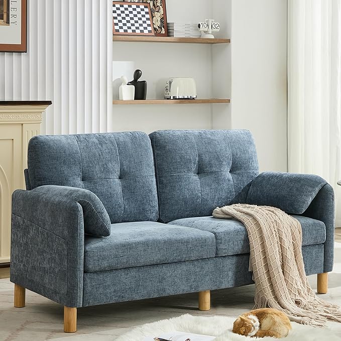 WUTUTUEE 65" Chenille Loveseat Sofa, Modern 2-Seater Love Seat Couch with Armrest Pillows, Storage Pockets, Easy Assembly, Upholstered Tufted Loveseat Couches for Living Room Bedroom, Blue