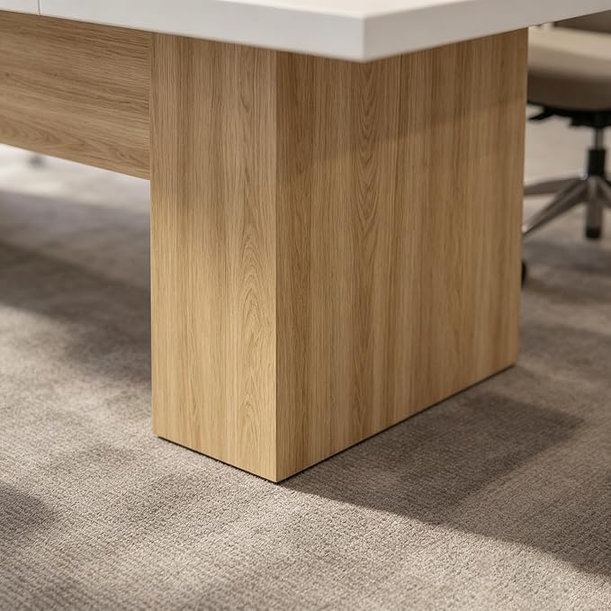 130" W Extra Large Conference Desk Table for 8-10 Persons, Modern Office Work Desk with Sturdy Pedestal Base, Long Rectangular Executive Study Table for Office, Living Room, White & Oak