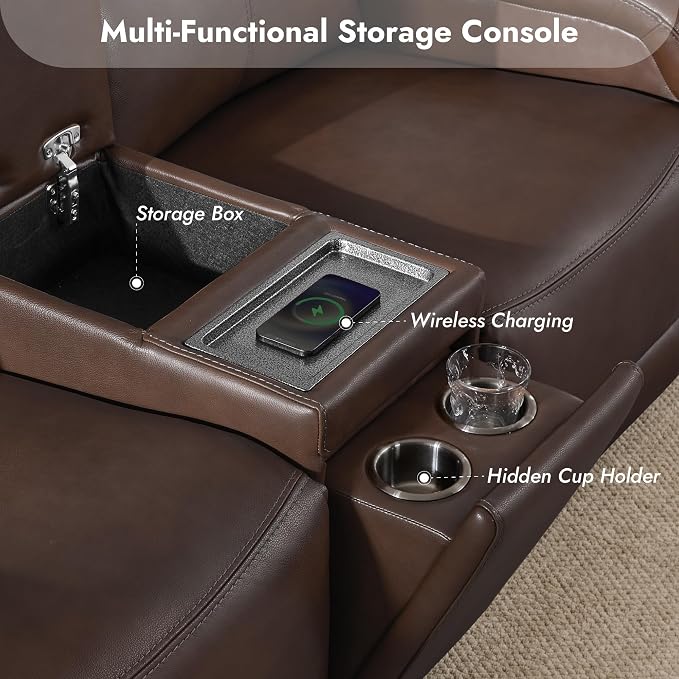 Watson & Whitely Power Reclining Sofa and Loveseat Sets, Genuine Leather Sofa Recliner Couch Set with Power Headrest, Storage Console, USB Ports, Cup Holders, Living Room Furniture Set, Dark Brown