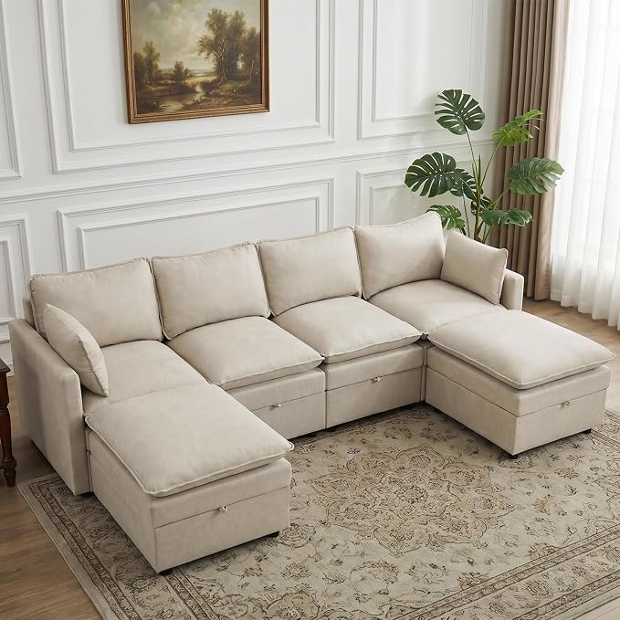 105" Beige Faux Leather Storage 4 Seater Sofa with 2 Ottomans, Comfy Couch | Convertible Modular Sectional Sofa, U Shaped Oversized Couch, Upholstered Large Cloud Couch For Living Room, Apartment.