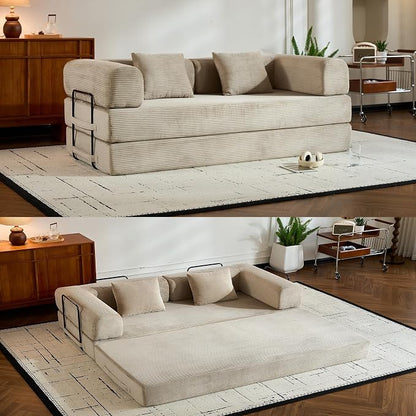 ZEIINPA Corduroy Floor Sofa Bed, Convertible Folding Couch Bed with Fixed-Shape Frame and Armrest for Living Room Bedroom Lounge Studio-Beige