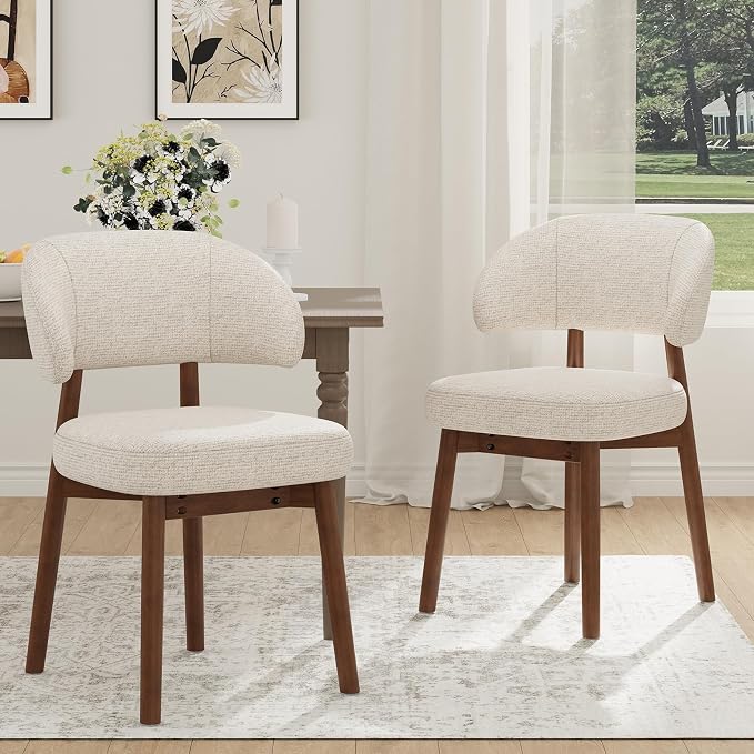 MALOL Wooden Dining Chairs Set of 2, Modern Upholstered Dining Room Chair, Fabric Kitchen Side Chairs with Curved Open Back for Living Room/Restaurant/Cafe, Beige