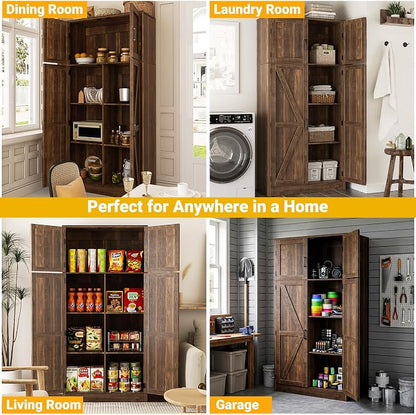Unikito 71” Farmhouse Storage Cabinet, Large Kitchen Pantry Storage Cabinet with Adjustable Shelves and Barn Doors, Versatile Storage Cupboard for Dinning Room, Bathroom, Living Room, Weathered Brown