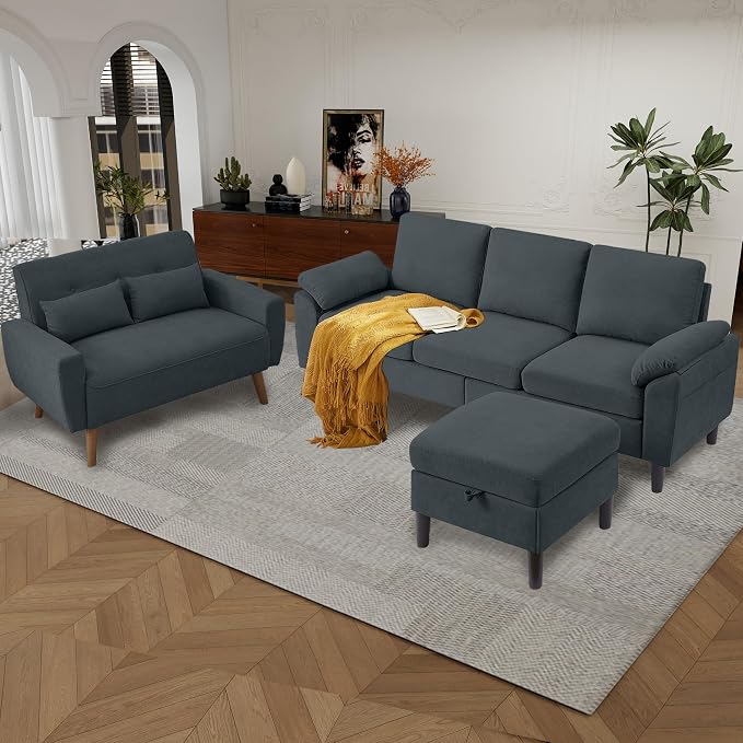 79" Convertible Sectional Sofa Set, Modern Linen Small L Shaped Couch with Reversible Ottoman and Loveseat, 3-Seat Sofa Couches for Living Room, Office, Apartment, Dark Grey